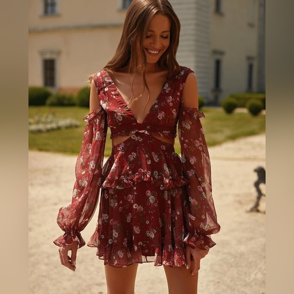 Alamour the Label Annabell Cutout Floral Sheer Floaty Mini Dress - Picture 1 of 16